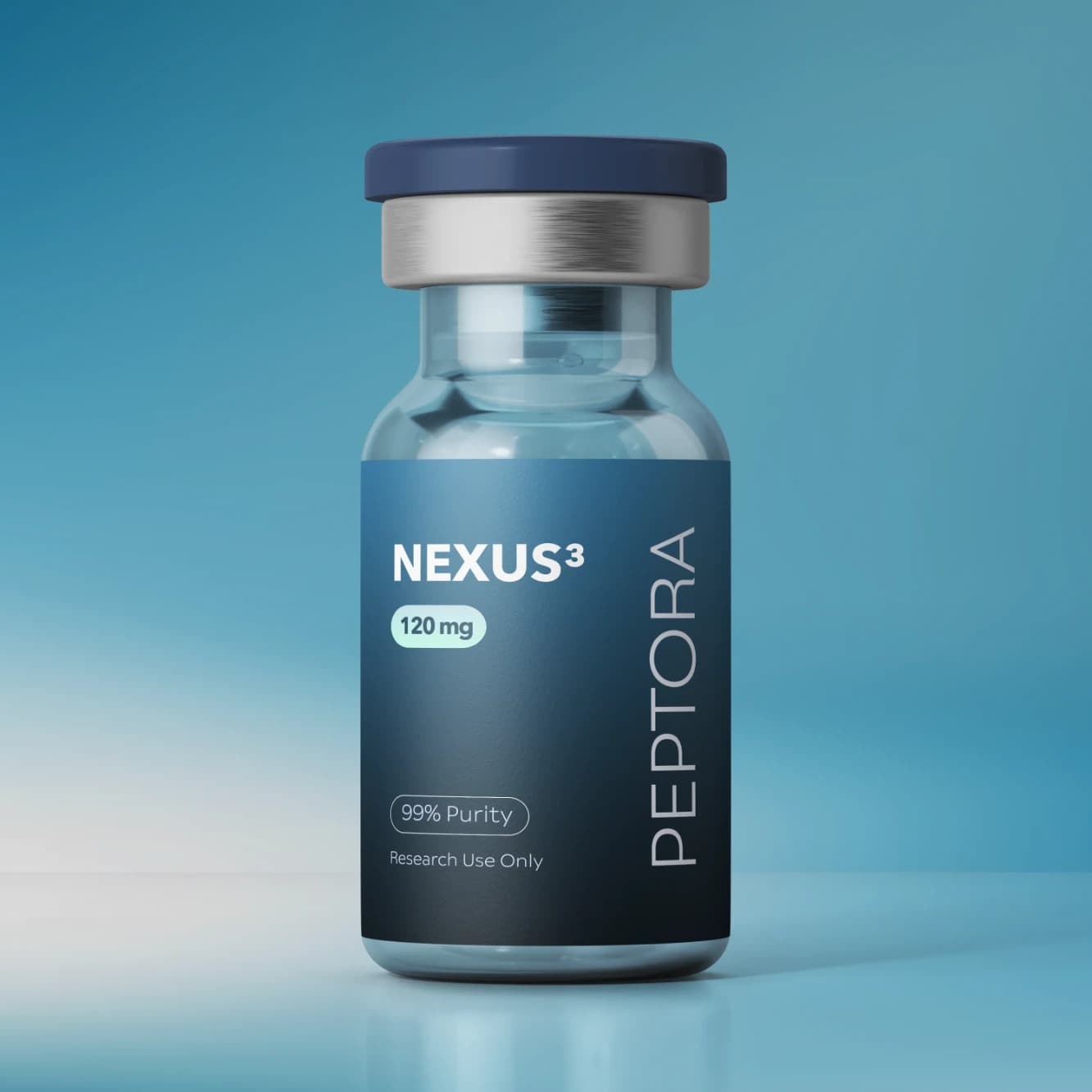 Peptora NEXUS³ research blend vial, a NAD+, MOTS-c and 5-Amino-1MQ blend — 99%+ purity, third-party tested