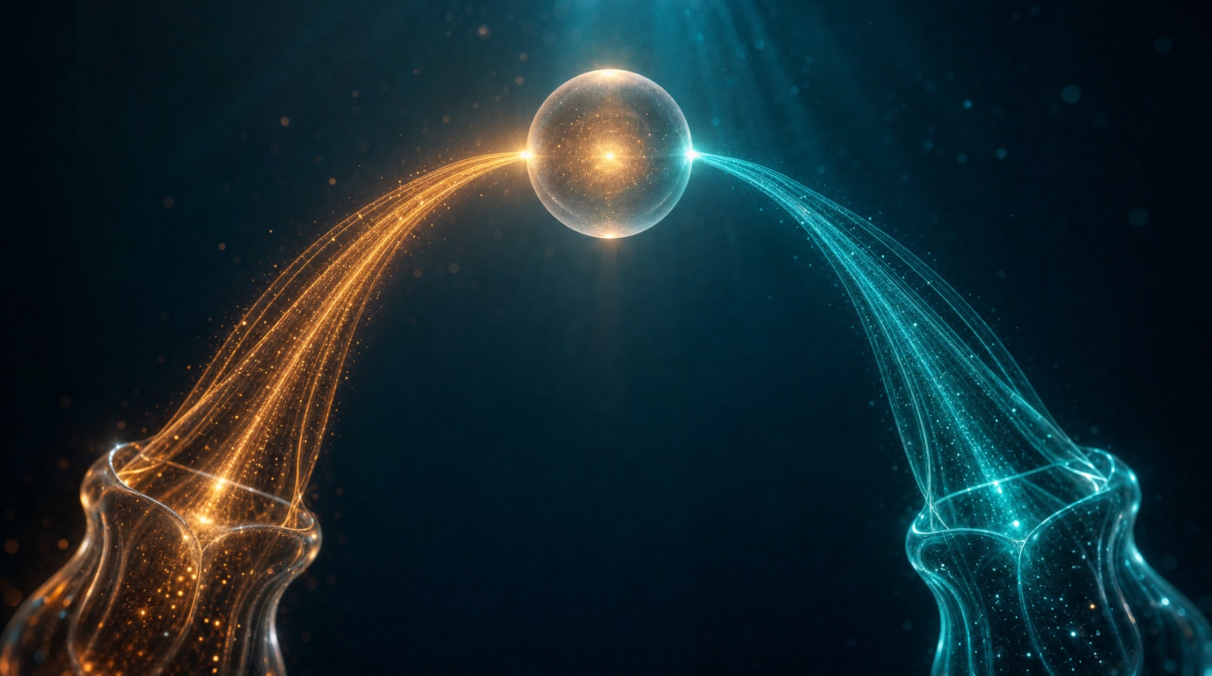Two separate ribbons of light — one amber, one teal — rising from different origins and converging on a single glowing sphere