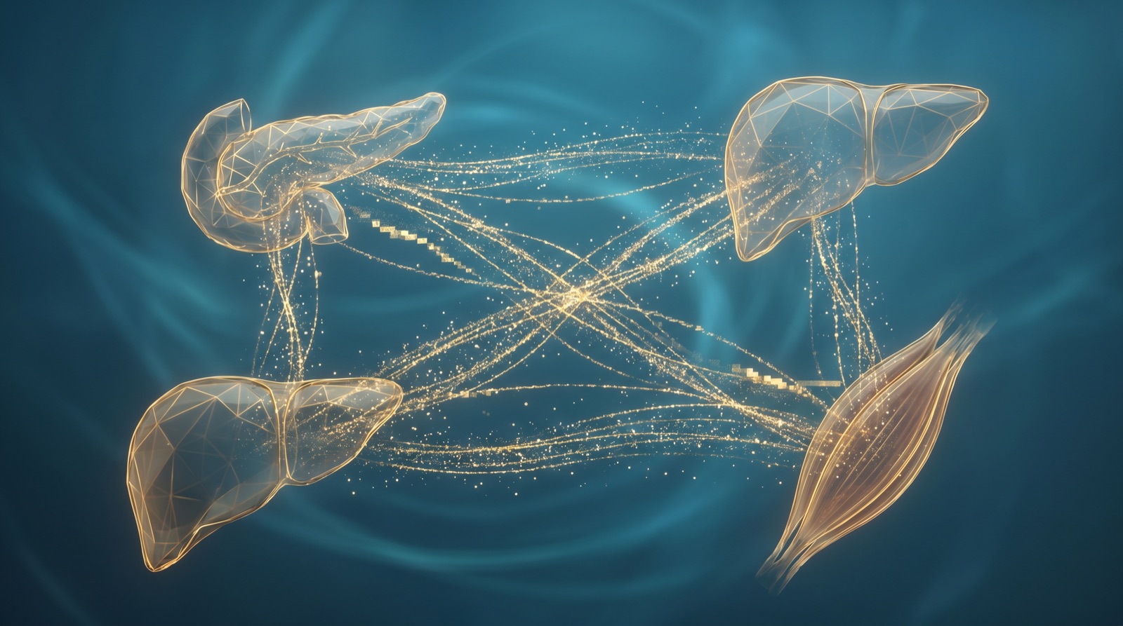 Abstract visualization of GLP-3 RT's metabolic signaling across the pancreas, liver and muscle