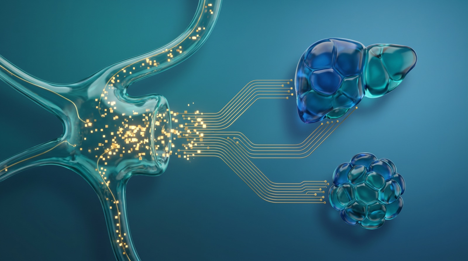 Abstract visualization of Tesamorelin and growth-hormone / metabolic signaling