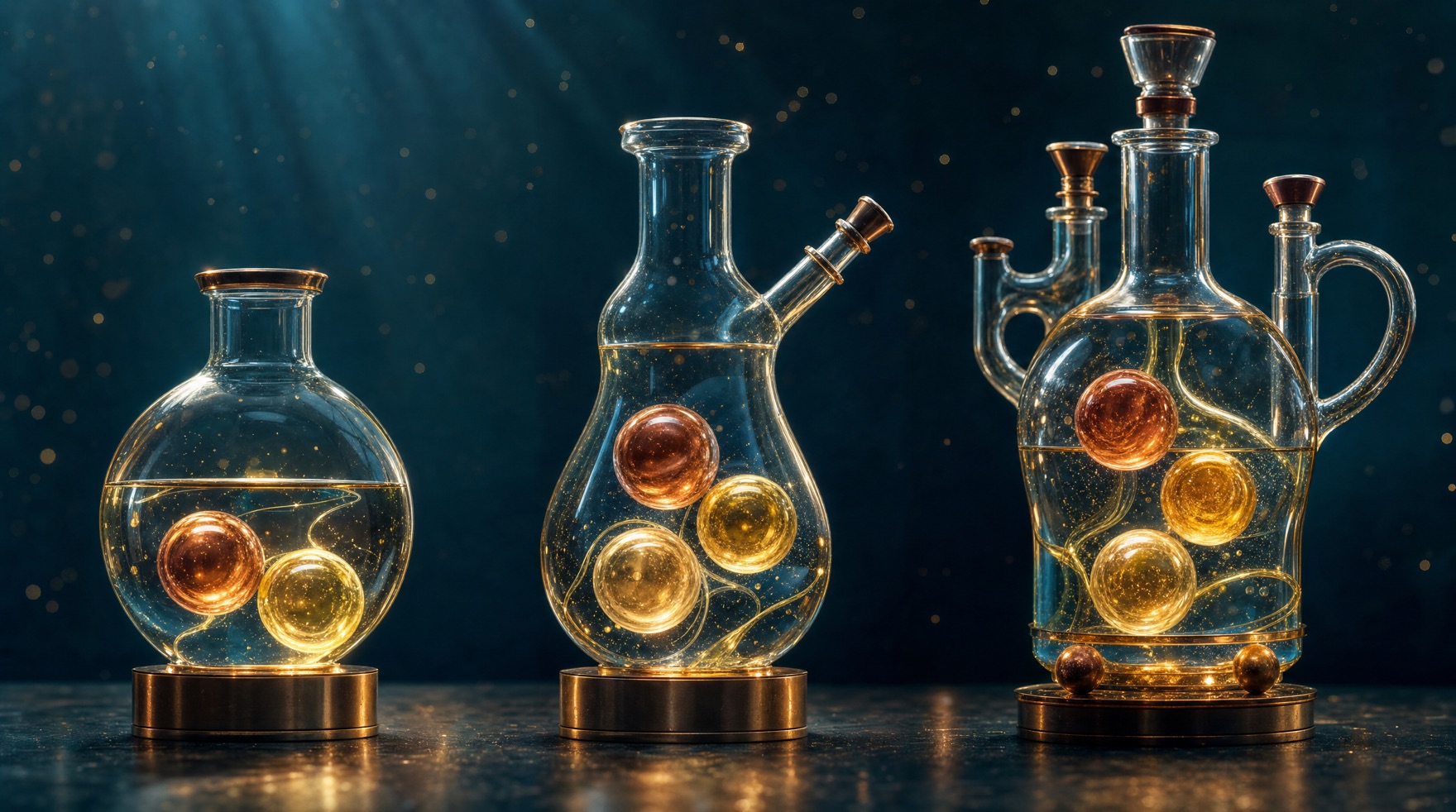 Three glass research vessels holding two, three, and four glowing spheres — the GLOW, KLOW and Wolverine blends compared