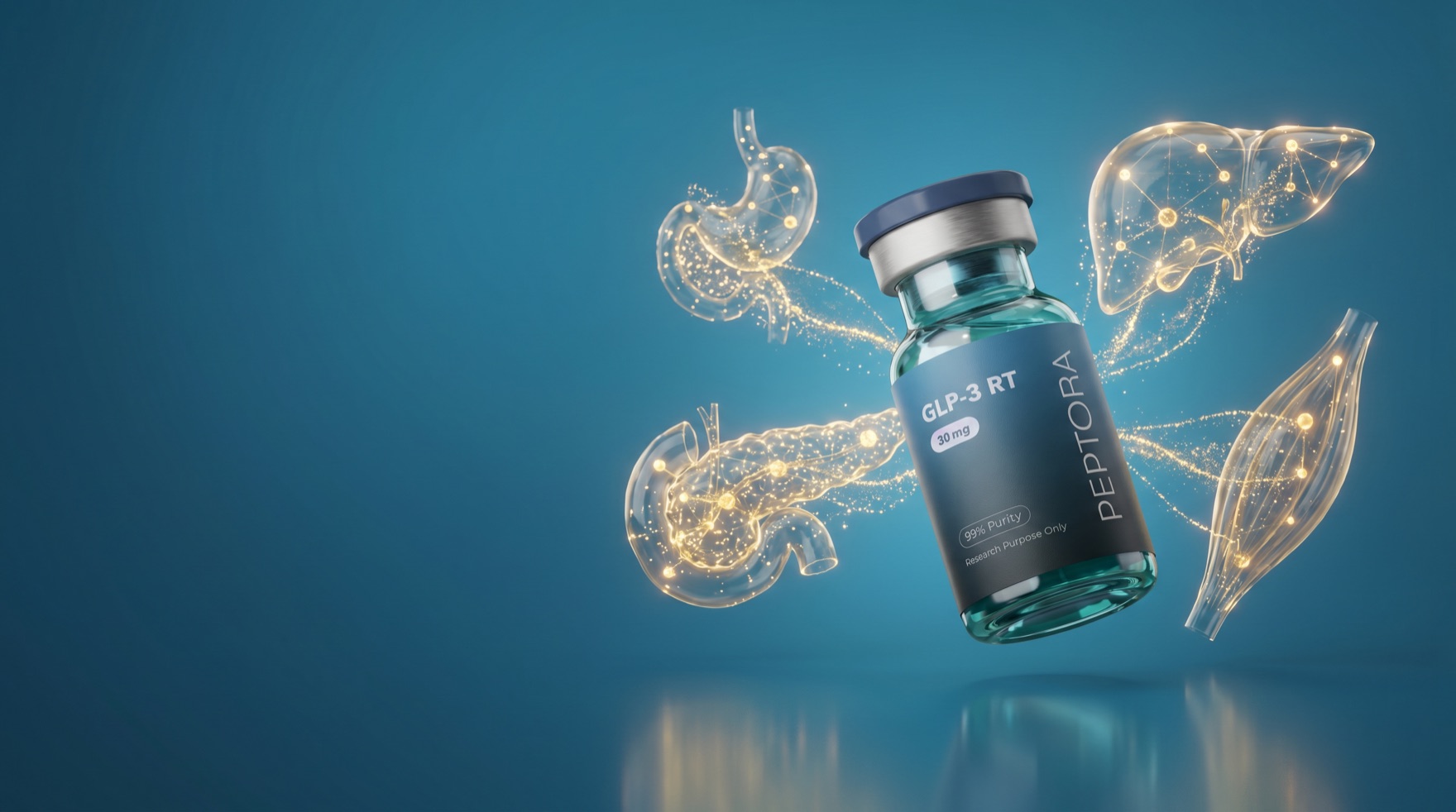 GLP-3 RT (Retatrutide) research vial amid a metabolic-signaling visualization