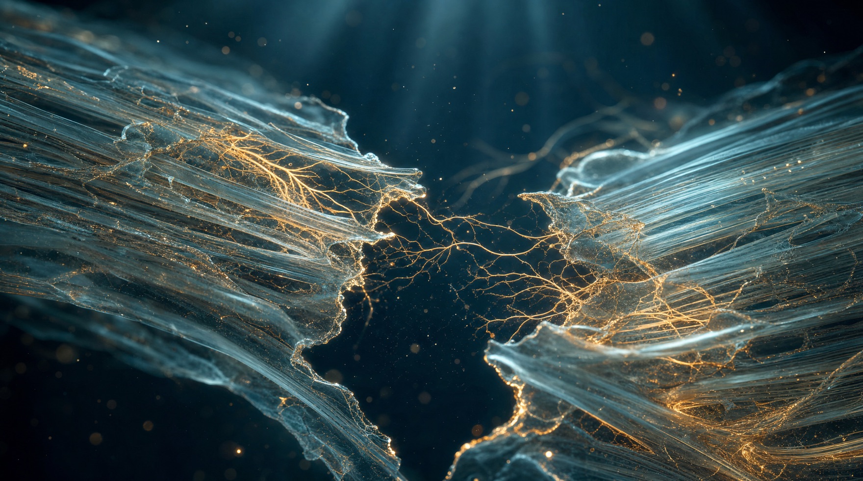 Glowing golden filaments weaving across a torn bundle of translucent glass fibers — a visual metaphor for new blood vessels growing into damaged tissue