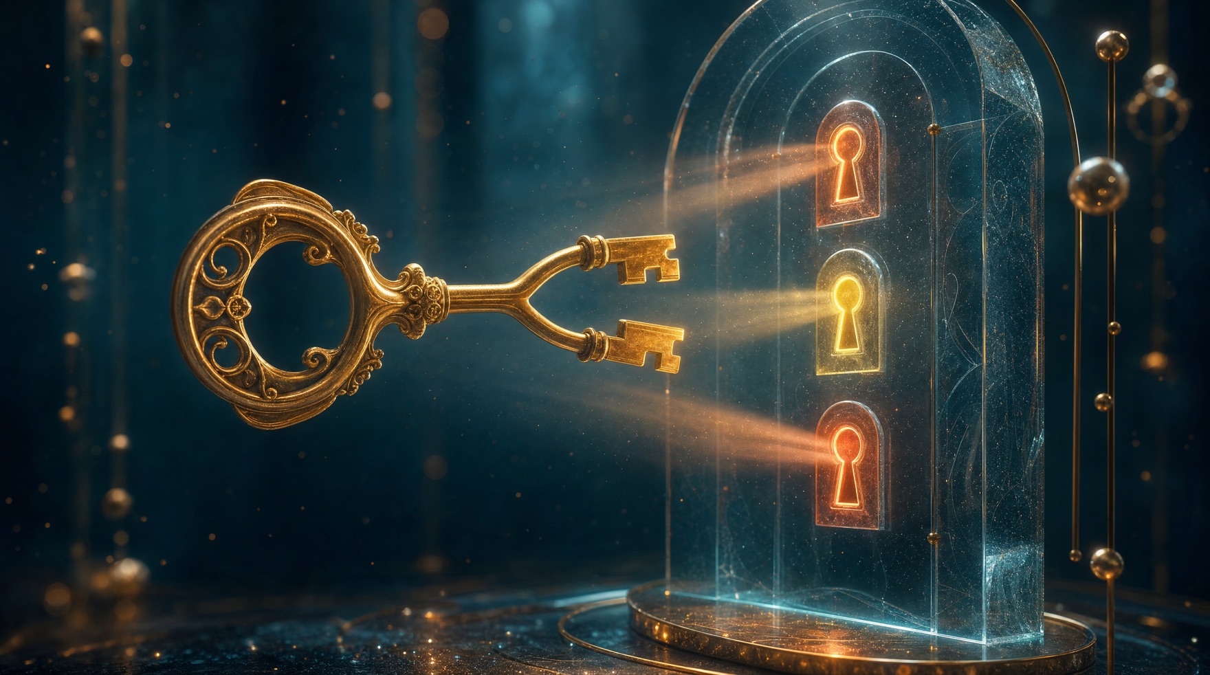 One golden key branching into three bits, aligned with three glowing keyholes — a visual metaphor for triple receptor agonism