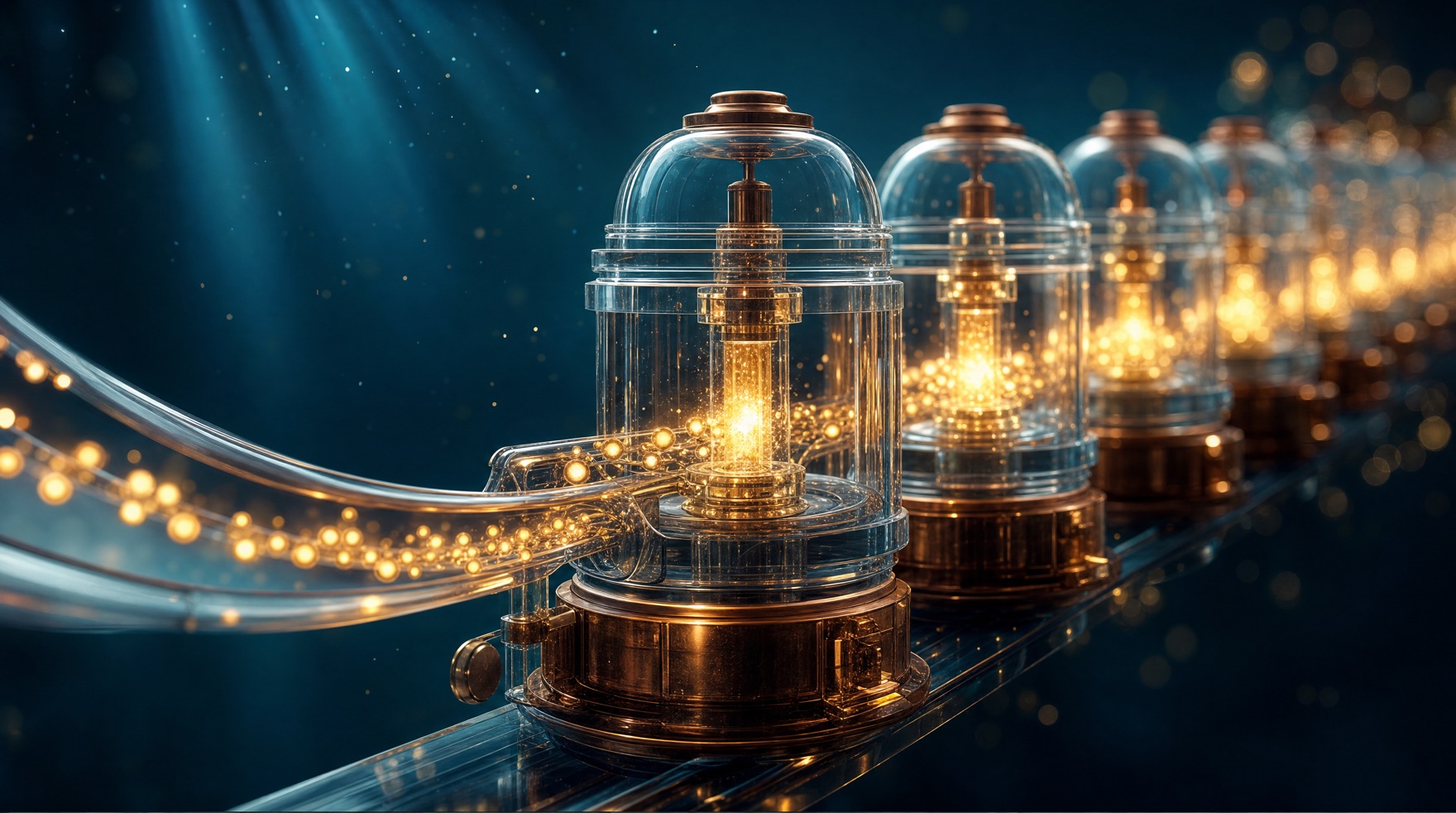 A stream of glowing gold tokens flowing into a row of translucent glass machines that light up — a visual metaphor for NAD+ powering sirtuin enzymes