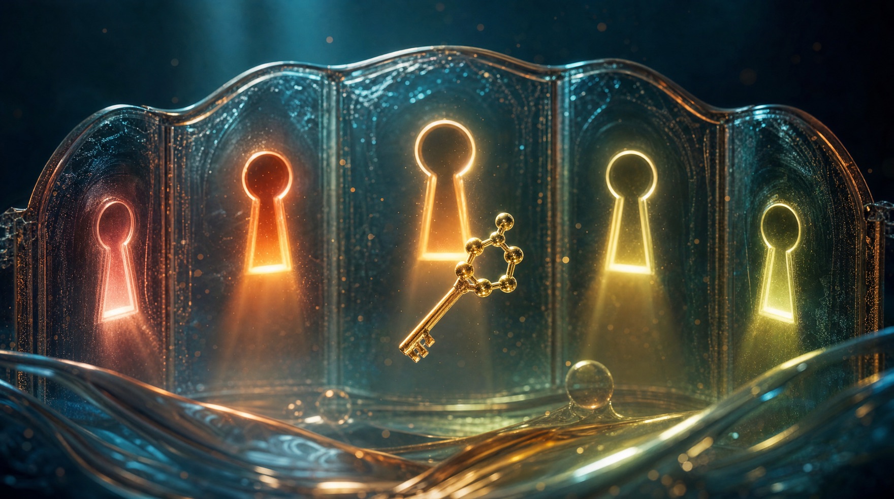 Five glowing keyholes in different warm hues across a curved glass gateway with a single golden key-shaped molecule — a visual metaphor for one peptide family and five melanocortin receptors