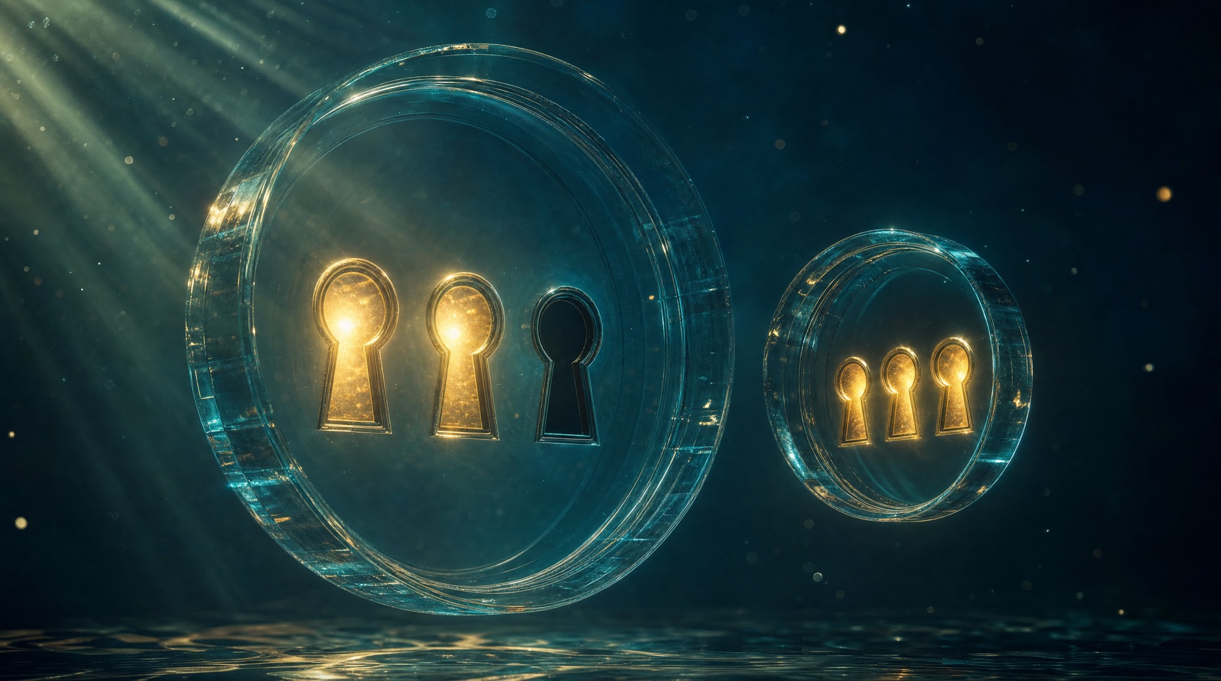 Two glass gateways, one with two lit keyholes and one dark, the other with all three lit — the dual-versus-triple comparison