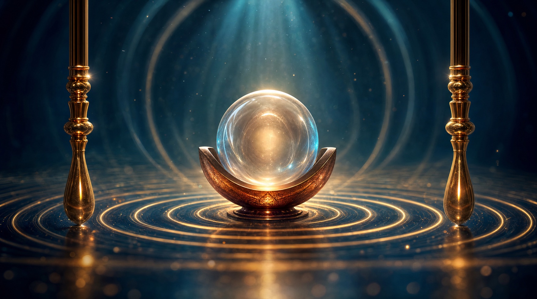 A luminous glass sphere flanked by two chime rods, rings of light pulsing outward — a visual metaphor for the two signals that prompt growth hormone release